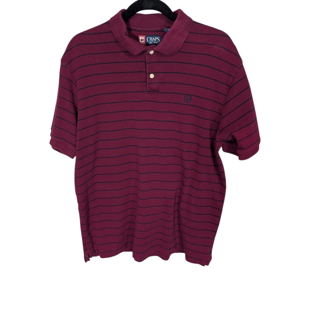 Chaps Mens Medium Burgundy Maroon Striped Short Sleeve Cotton Polo Shirt to